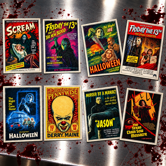 Six vintage-style horror movie posters arranged on a brushed metal surface with red blood splatter around them. The posters feature classic slasher and Halloween imagery, including Scream, Friday the 13th, Halloween, The Night Before Christmas, Pennywise, Jason, and The Texas Chain Saw Massacre.