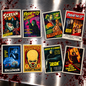 Six vintage-style horror movie posters arranged on a brushed metal surface with red blood splatter around them. The posters feature classic slasher and Halloween imagery, including Scream, Friday the 13th, Halloween, The Night Before Christmas, Pennywise, Jason, and The Texas Chain Saw Massacre.