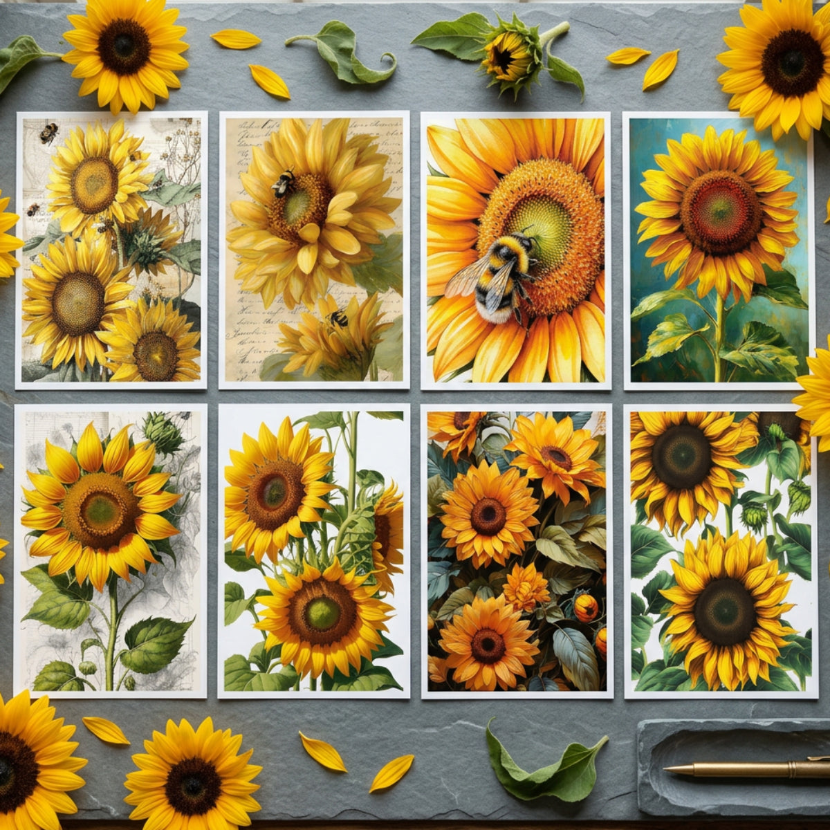 A set of eight square art prints featuring various vintage-style sunflower illustrations, including some with bumblebees, arranged in a two-by-four grid on a white background.