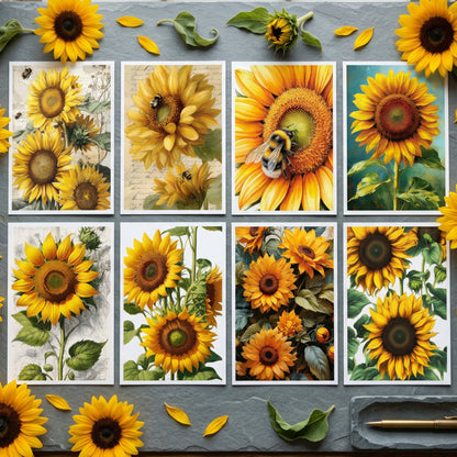 A set of eight square art prints featuring various vintage-style sunflower illustrations, including some with bumblebees, arranged in a two-by-four grid on a white background.