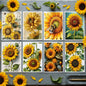 A set of eight square art prints featuring various vintage-style sunflower illustrations, including some with bumblebees, arranged in a two-by-four grid on a white background.
