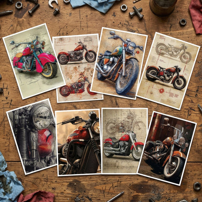 A set of eight vertical wall art panels featuring various motorcycle illustrations and photographs in vintage, sketch, and photographic styles, arranged in a 2x4 grid on a white background.