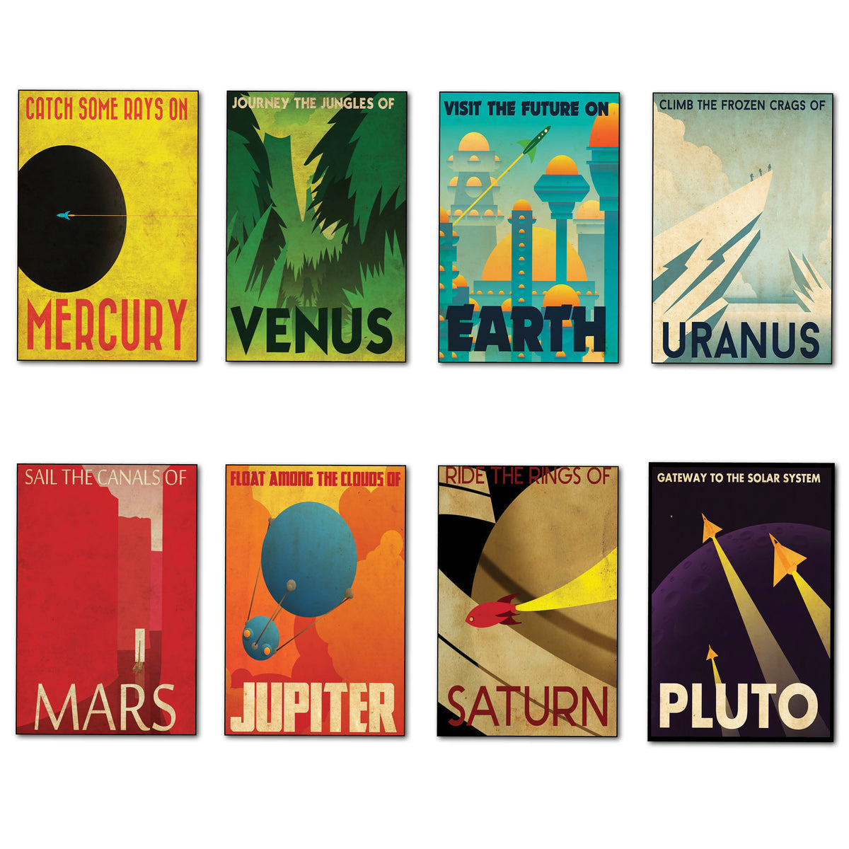 A set of eight retro-style space-themed art prints arranged in two rows of four on a white background. The prints feature illustrated planets and space scenes with text such as Mercury, Venus, Earth, Uranus, Mars, Jupiter, Saturn, and Pluto.