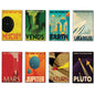 A set of eight retro-style space-themed art prints arranged in two rows of four on a white background. The prints feature illustrated planets and space scenes with text such as Mercury, Venus, Earth, Uranus, Mars, Jupiter, Saturn, and Pluto.