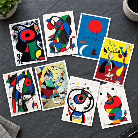 A set of eight framed abstract wall art prints arranged in two rows of four. The artwork features bold geometric shapes, curved lines, and expressive figures in black, red, blue, yellow, green, and white, with some panels on white backgrounds and others on blue, red, and beige backgrounds