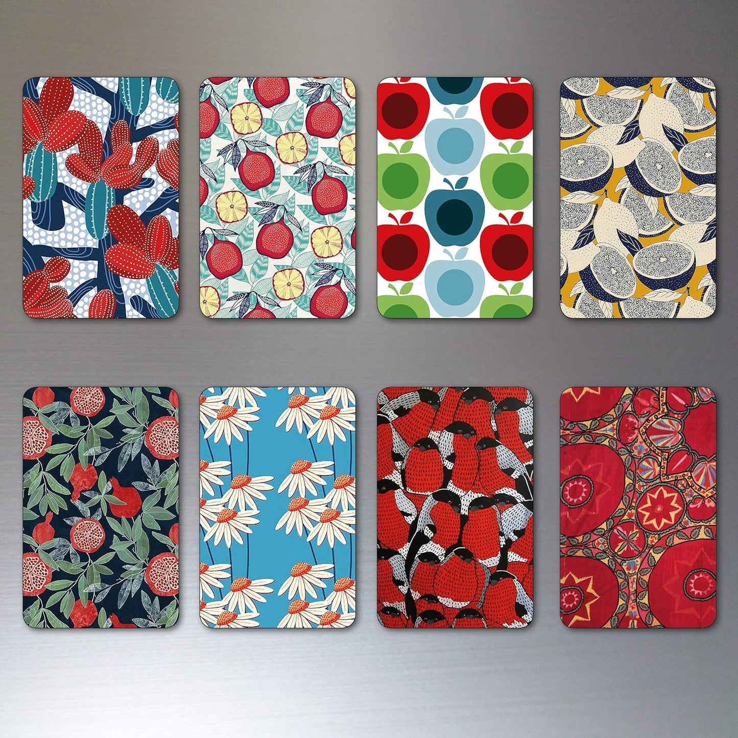 Set of 8 Bubbadoodoo floral retro mid-century style fridge magnets with rounded corners, featuring vibrant vintage print designs.