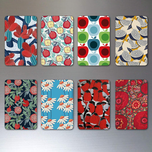Set of 8 Bubbadoodoo floral retro mid-century style fridge magnets with rounded corners, featuring vibrant vintage print designs.