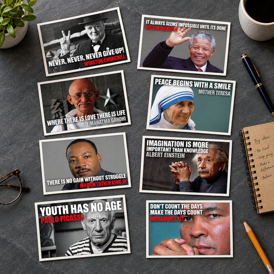 A grid of eight inspirational quote posters featuring famous historical figures, including Winston Churchill, Mother Teresa, Martin Luther King Jr., Albert Einstein, Pablo Picasso, and Muhammad Ali, each with their famous quote in white and red text.