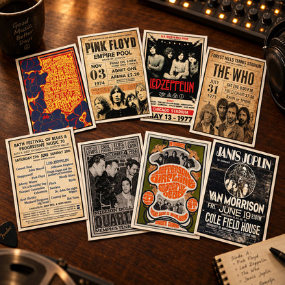 Vintage 1960s–70s Music Poster Art Postcards | Pack of 8 | No.1