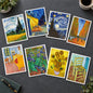 Set of eight Van Gogh-inspired canvas wall art prints arranged in two rows, featuring swirling blue night skies, yellow fields and flowers, orange trees, and warm interior scenes.