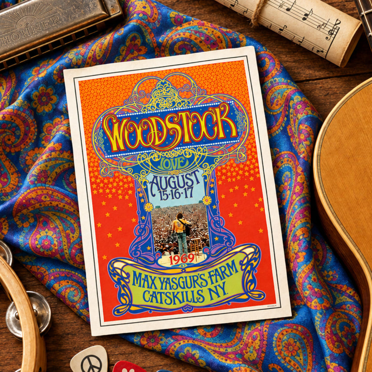 A retro-style Woodstock concert poster print is displayed on a colorful paisley fabric over a wooden surface, surrounded by musical props including a harmonica, guitar, tambourine, rolled sheet music, and guitar picks.