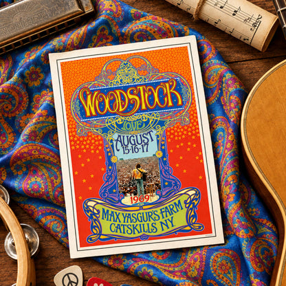 A retro-style Woodstock concert poster print is displayed on a colorful paisley fabric over a wooden surface, surrounded by musical props including a harmonica, guitar, tambourine, rolled sheet music, and guitar picks.