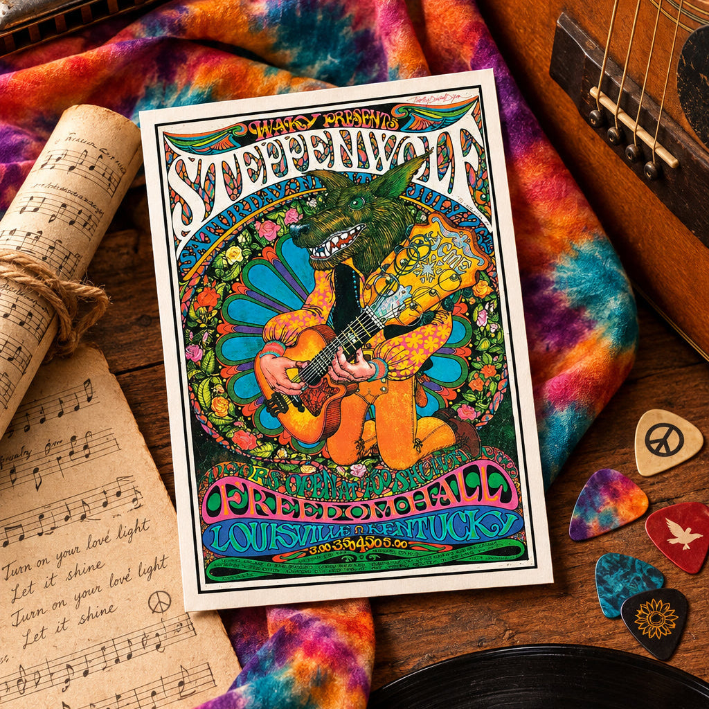 A framed psychedelic concert poster  featuring a green wolf playing an orange guitar with floral and psychedelic details, displayed on a gray background.