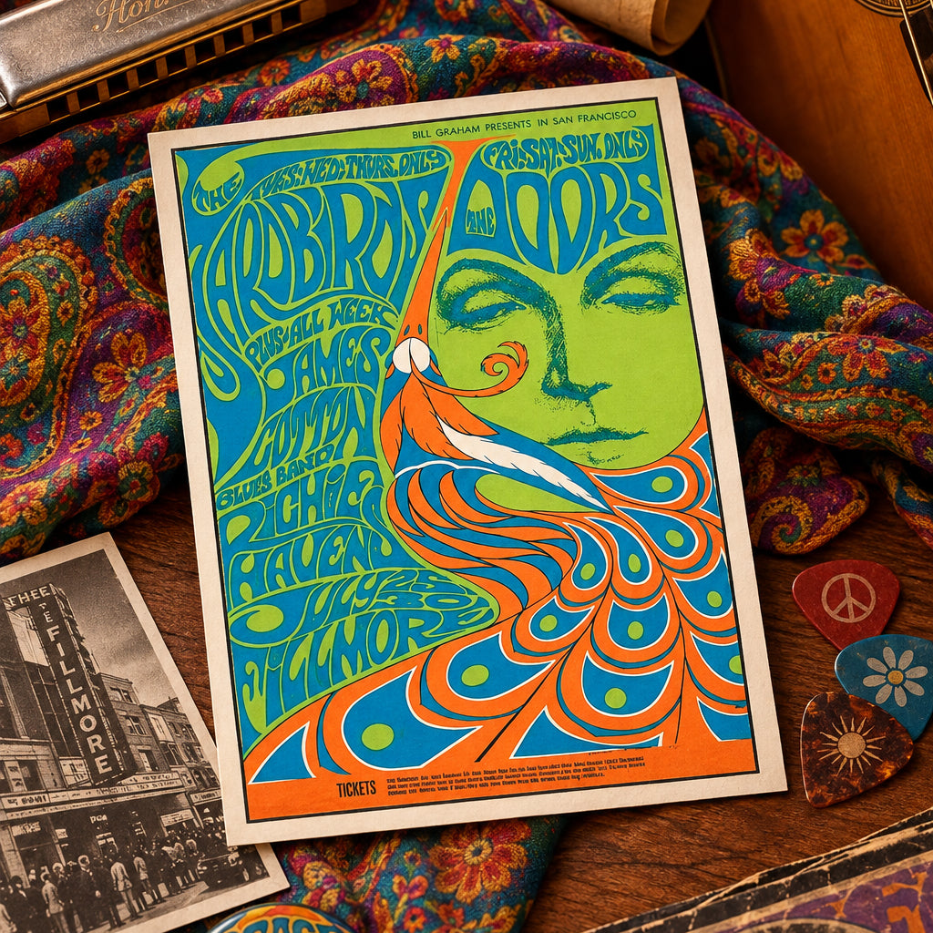 A psychedelic concert poster for 'Grateful Dead and the Blues' featuring a stylized green face, blue and orange abstract patterns, and text including 'Arlo Brothers', 'James Brown', 'Miles Davis', and 'John Coltrane', shown against a gray gradient background.