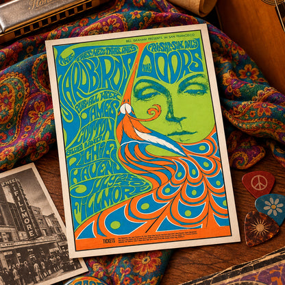 A psychedelic concert poster for 'Grateful Dead and the Blues' featuring a stylized green face, blue and orange abstract patterns, and text including 'Arlo Brothers', 'James Brown', 'Miles Davis', and 'John Coltrane', shown against a gray gradient background.