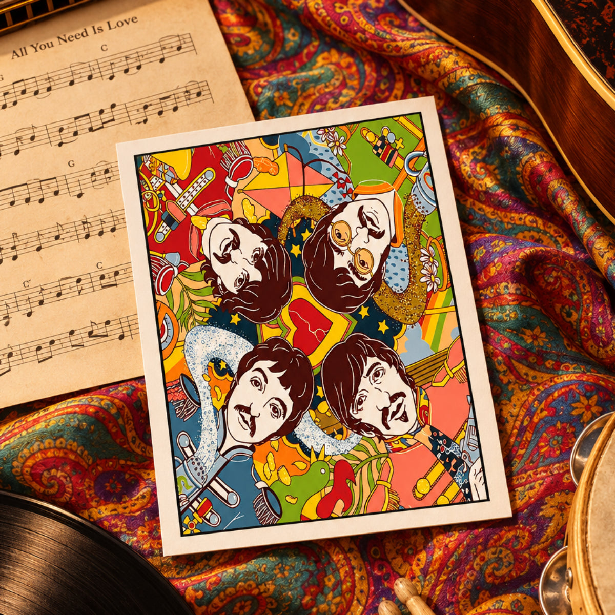 A square wall art print featuring a colorful, stylized collage of four illustrated faces on a gray gradient background.