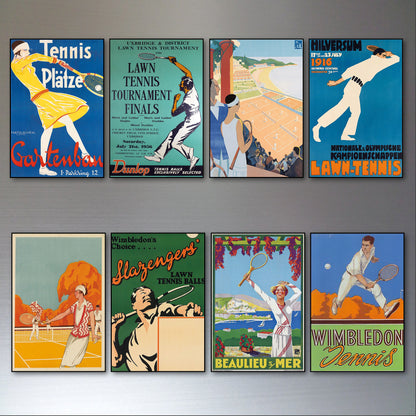 Set of 8 vintage tennis poster fridge magnets by Bubbadoodoo featuring colorful sports-themed artwork.