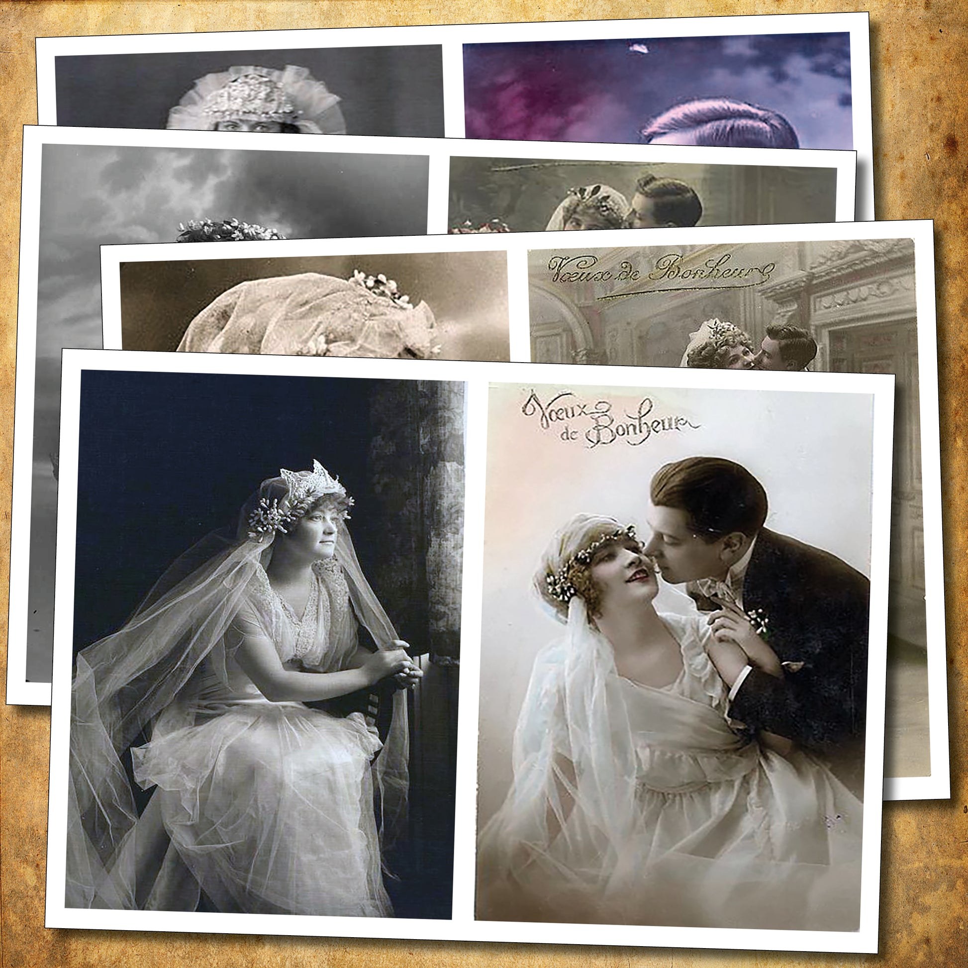 Victorian and Edwardian arts and craft bride and groom paper sheets by Bubbadoodoo, adhesive A4 craft paper with detailed designs.