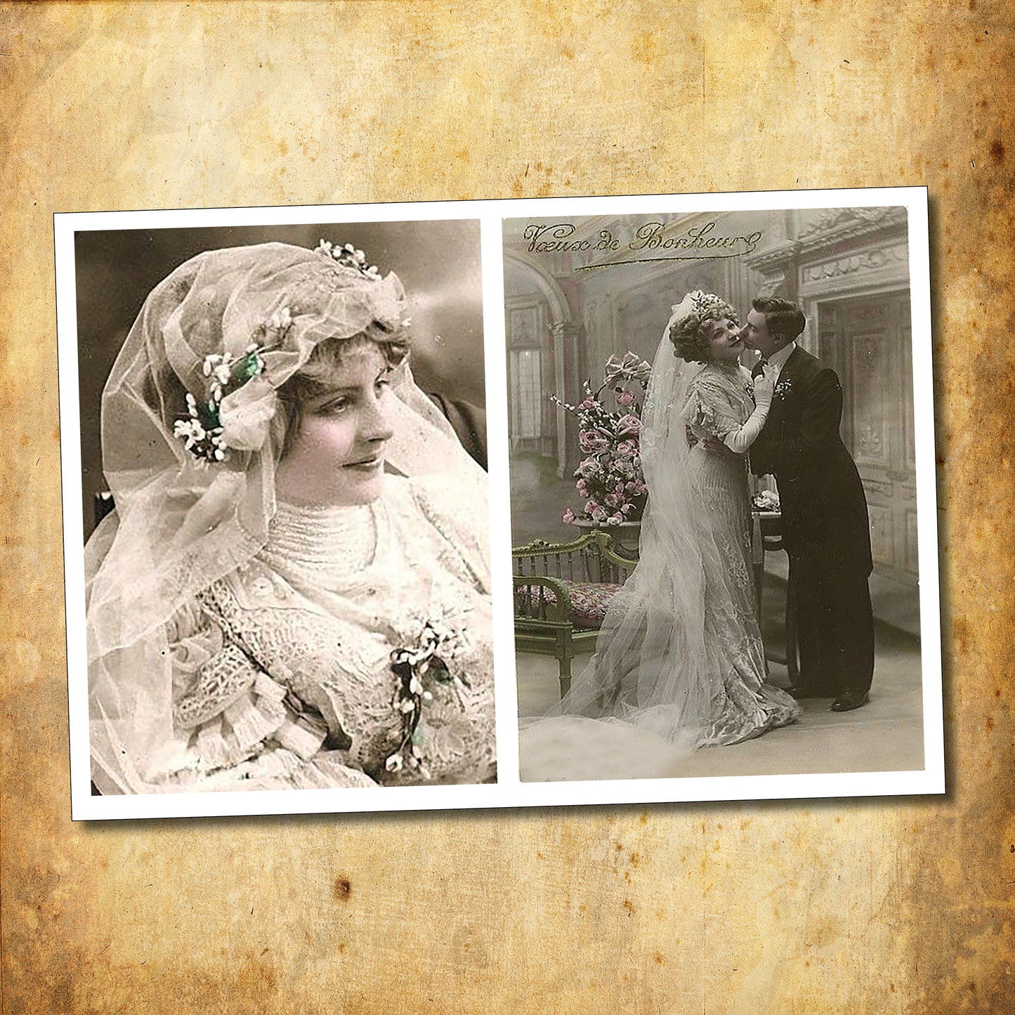 Bride and groom Victorian and Edwardian arts and craft self-adhesive A4 paper sheets by Bubbadoodoo, featuring vintage wedding designs.