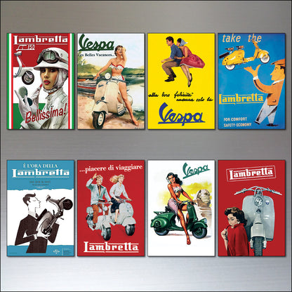 Vespa & Lambretta Vintage Scooter Poster | Fridge Magnets | Set of 8