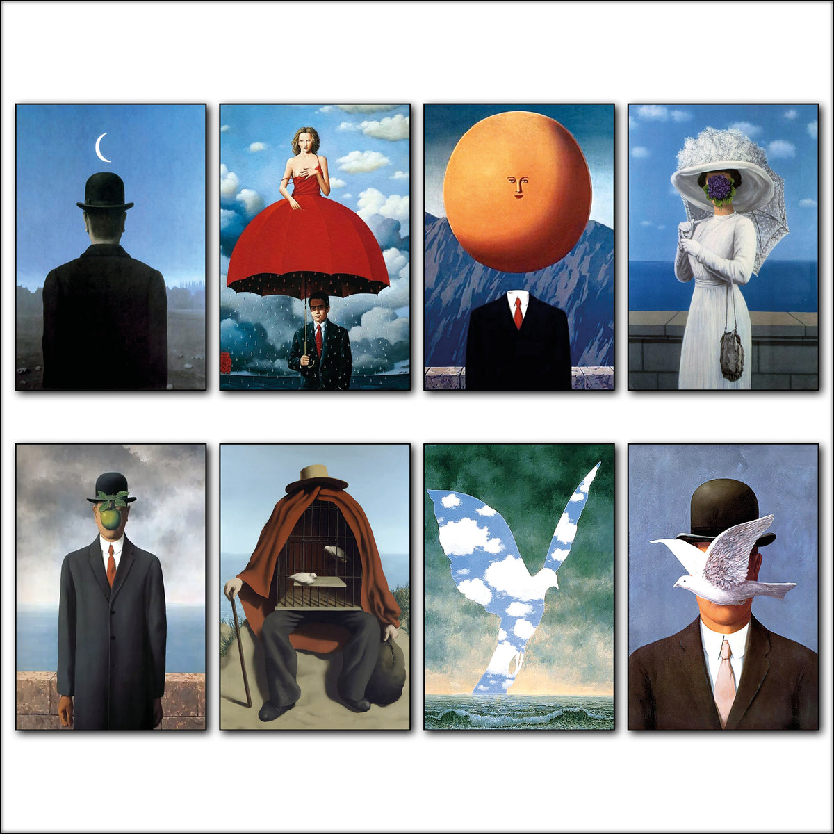 René Magritte Surrealist Painting Fridge Magnets Set of 8 | Vintage Art Gift | No.1
