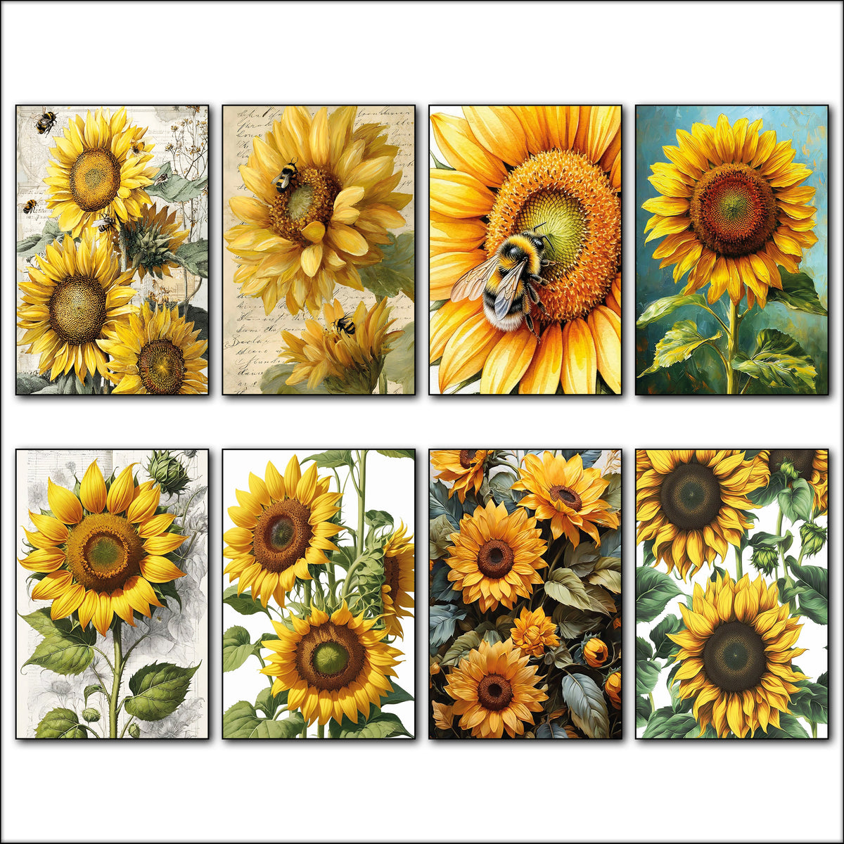 Vintage Sunflower Painting Fridge Magnets | Set of 8 | Floral Botanical Gift