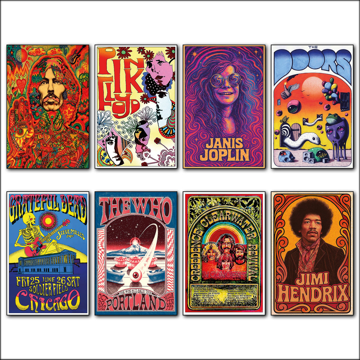 Vintage 1960s & 70s Music Poster Fridge Magnets | Set of 8 | Rock Music Gift | No.5