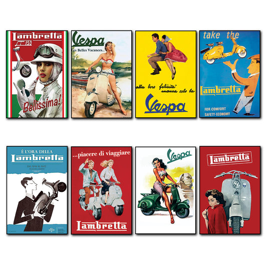 Vespa & Lambretta Vintage Scooter Poster | Fridge Magnets | Set of 8