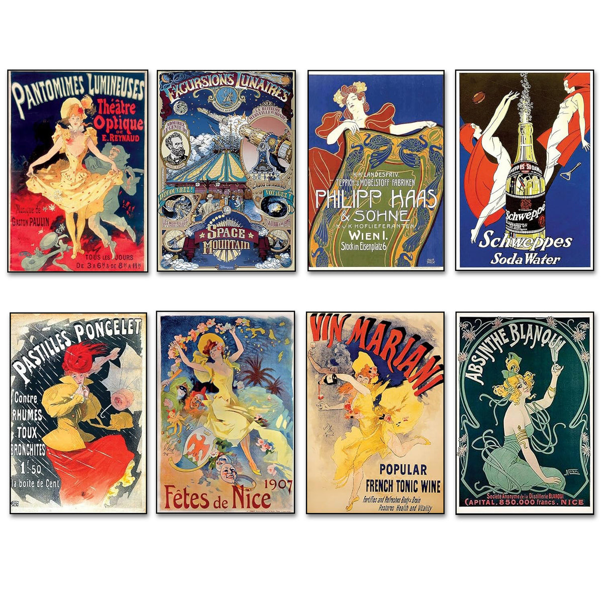 A set of eight vintage-style poster prints arranged in a 2x4 grid on a white background. The posters feature colorful Art Nouveau designs with dancing figures, theatrical and social commentary text, and illustrated scenes in red, yellow, blue, green, beige, and black tones.