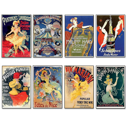 A set of eight vintage-style poster prints arranged in a 2x4 grid on a white background. The posters feature colorful Art Nouveau designs with dancing figures, theatrical and social commentary text, and illustrated scenes in red, yellow, blue, green, beige, and black tones.