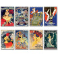A set of eight vintage-style poster prints arranged in a 2x4 grid on a white background. The posters feature colorful Art Nouveau designs with dancing figures, theatrical and social commentary text, and illustrated scenes in red, yellow, blue, green, beige, and black tones.