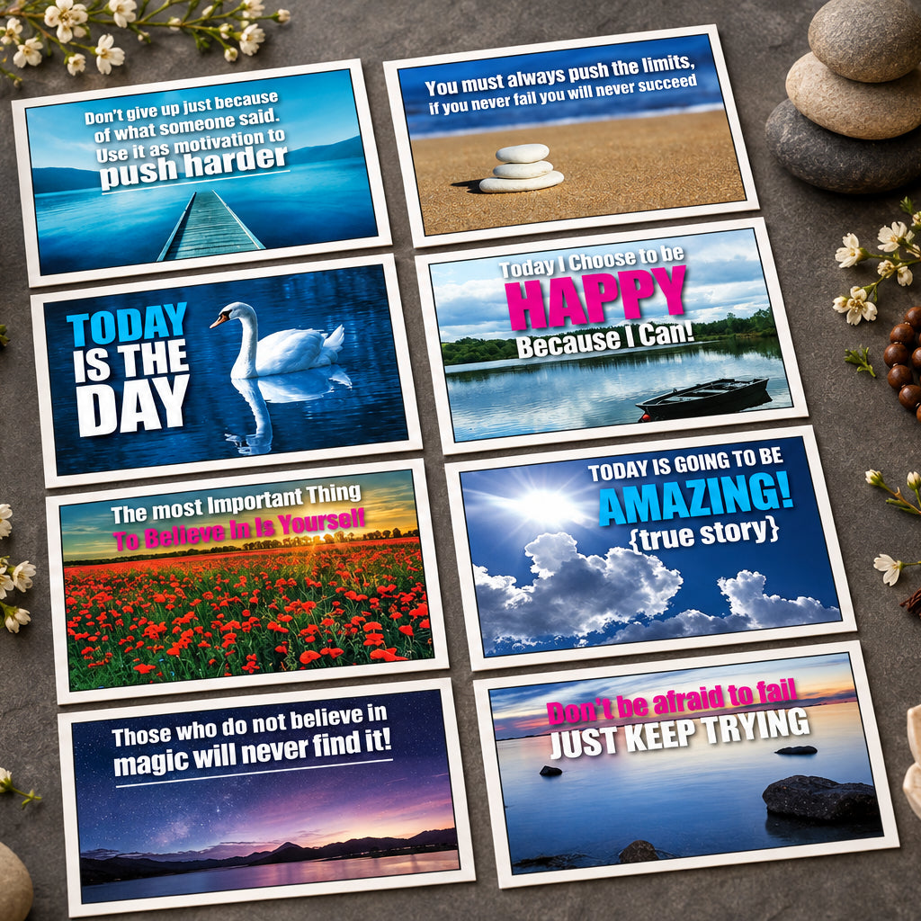 A 3x3 grid of nine inspirational wall art prints with motivational quotes, featuring various scenic backgrounds like water, sand, flowers, and clouds.