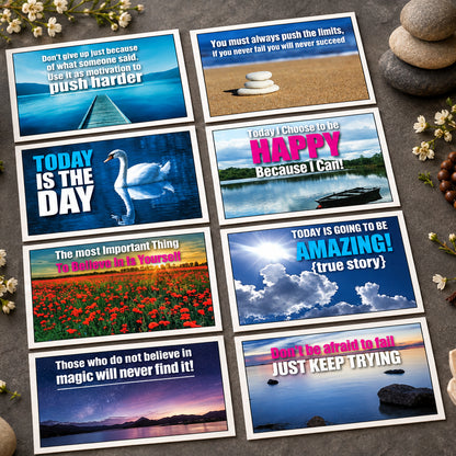 A 3x3 grid of nine inspirational wall art prints with motivational quotes, featuring various scenic backgrounds like water, sand, flowers, and clouds.