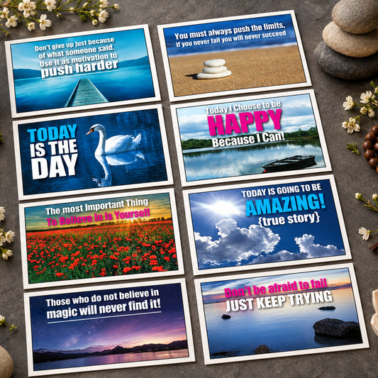A 3x3 grid of nine inspirational wall art prints with motivational quotes, featuring various scenic backgrounds like water, sand, flowers, and clouds.