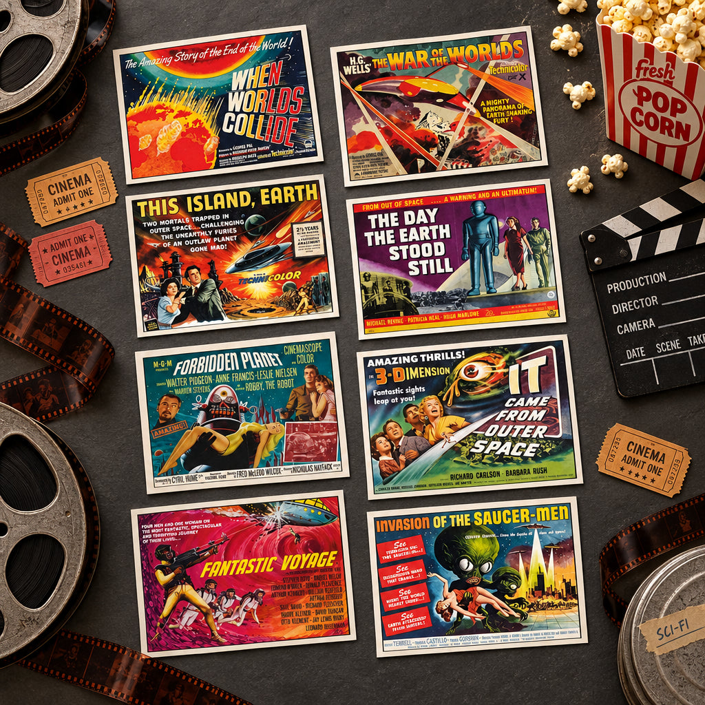 A 3x3 grid of vintage science fiction movie posters, including titles like When Worlds Collide, This Island, Earth, The Day the Earth Stood Still, Fantastic Voyage, Invasion of the Buhrger-Maid, and It Came from Outer Space.