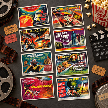 A 3x3 grid of vintage science fiction movie posters, including titles like When Worlds Collide, This Island, Earth, The Day the Earth Stood Still, Fantastic Voyage, Invasion of the Buhrger-Maid, and It Came from Outer Space.
