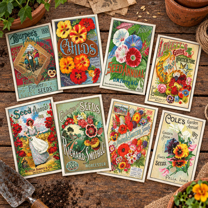 A set of eight vintage-style flower seed garden label cards arranged in two rows of four on a plain white background. The cards feature colorful illustrations of flowers, seed names, and decorative text from different periods, including Burpee's, Cole's, and Richard Mitnick.