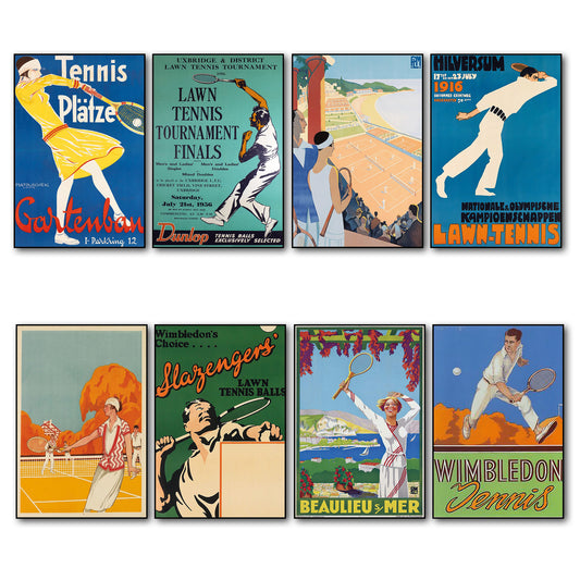 Set of 8 vintage tennis poster fridge magnets by Bubbadoodoo featuring colorful retro tennis-themed artwork.