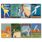Set of 8 vintage tennis poster fridge magnets by Bubbadoodoo featuring colorful retro tennis-themed artwork.