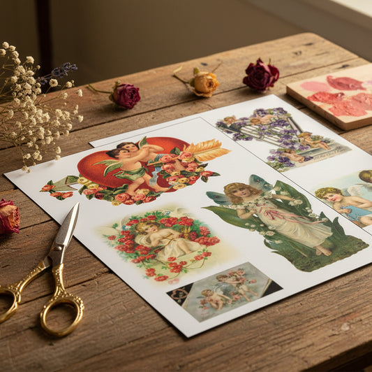 A set of vintage-style Valentine's Day card designs featuring cherubs, flowers, and fruit, shown as overlapping printed sheets on a white background.