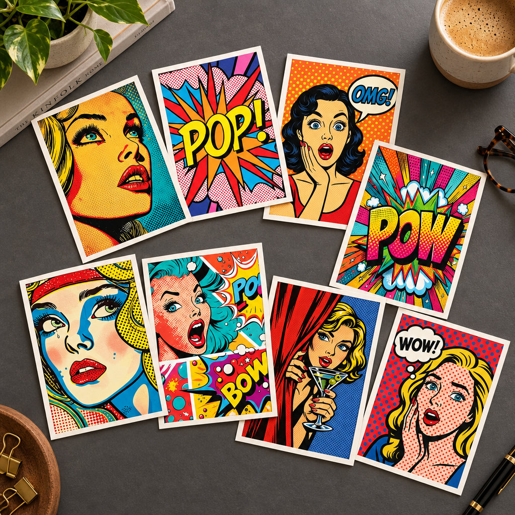 Set of eight pop-art style comic poster prints arranged in a 2x4 grid, featuring retro illustrated women's faces and bold comic-style text like 'POP!', 'OMG!', 'POW!', and 'WOW!' in bright saturated colors.