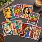 Set of eight pop-art style comic poster prints arranged in a 2x4 grid, featuring retro illustrated women's faces and bold comic-style text like 'POP!', 'OMG!', 'POW!', and 'WOW!' in bright saturated colors.