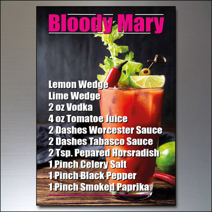 A recipe poster for 'Bloody Mary' featuring a photo of a prepared drink with celery, lime, and chili garnish, plus a list of ingredients in white text on a dark background.