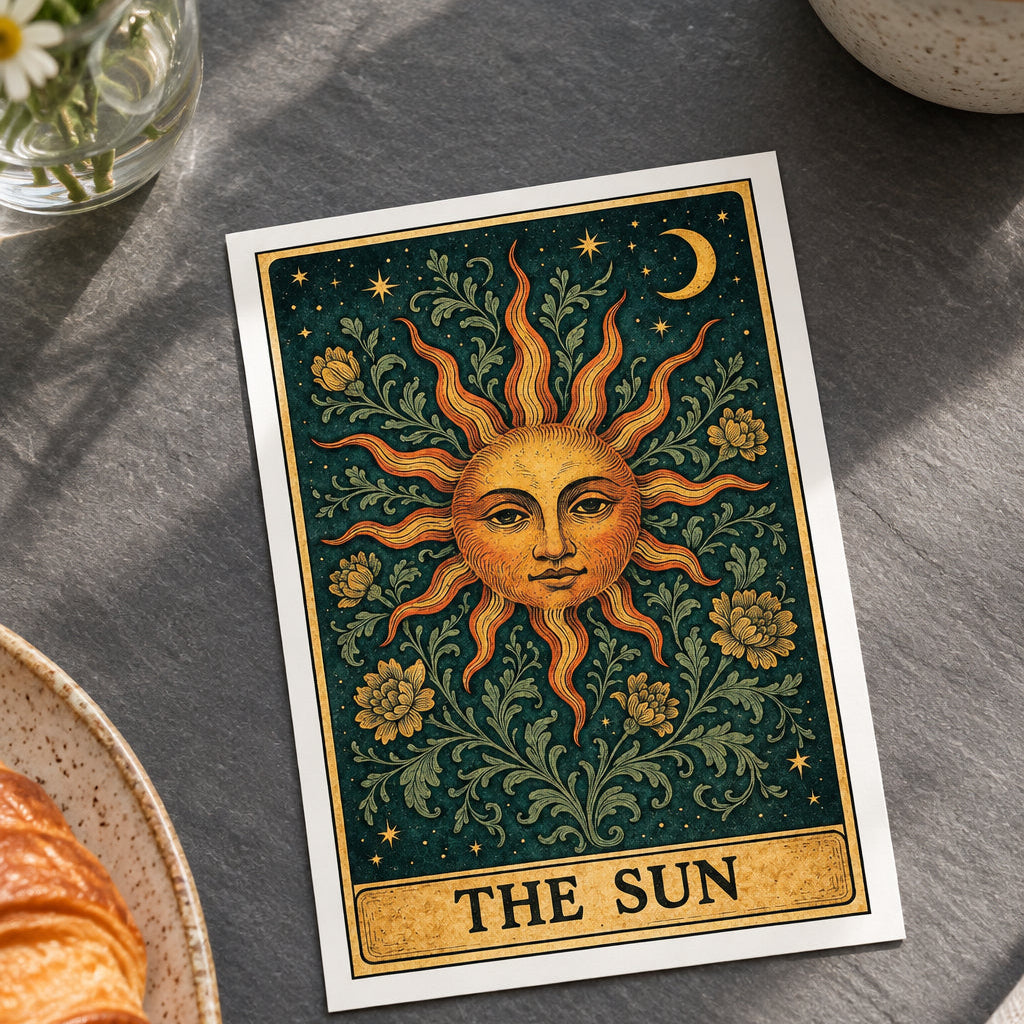 A tarot-style art print titled 'THE SUN' showing a large ornate golden sun face surrounded by stars, crescent moon, flowers, and leafy vines on a dark teal background, with a gold border and a gray gradient backdrop.
