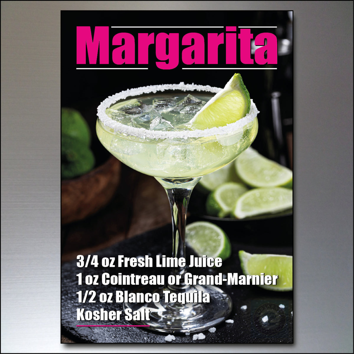 A square recipe card or print titled 'Margarita' showing a margarita glass with lime wedge, salted rim, and ingredients listed below on a dark background.
