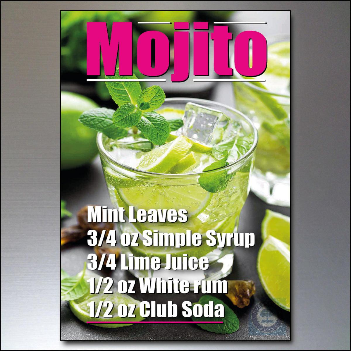 A recipe card or poster for a Mojito cocktail, featuring a photo of a minty lime drink in a glass, large pink 'Mojito' text at the top, and a list of ingredients including mint leaves, simple syrup, lime juice, white rum, and club soda on a gray background.