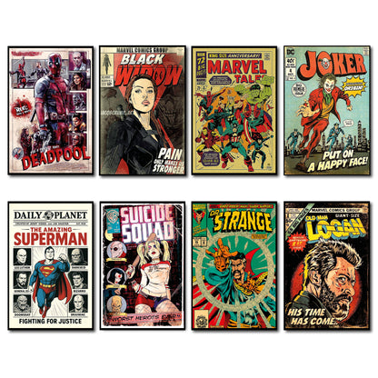 Vintage Superhero & Villain Comic Fridge Magnets | Set of 8