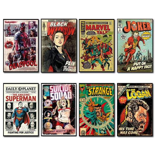Vintage Superhero & Villain Comic Fridge Magnets | Set of 8