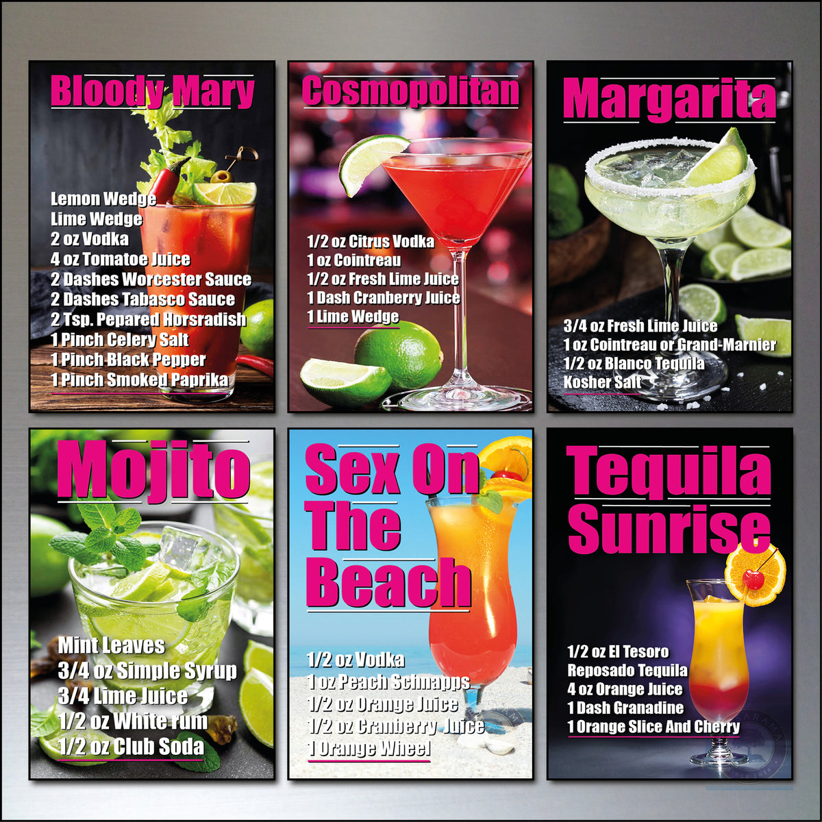 A six-panel cocktail recipe poster grid featuring drinks: Bloody Mary, Cosmopolitan, Margarita, Mojito, Sex On The Beach, and Tequila Sunrise, each with a colorful drink photo, ingredients list, and bold pink titles on a dark background.