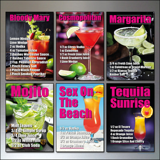 A six-panel cocktail recipe poster grid featuring drinks: Bloody Mary, Cosmopolitan, Margarita, Mojito, Sex On The Beach, and Tequila Sunrise, each with a colorful drink photo, ingredients list, and bold pink titles on a dark background.